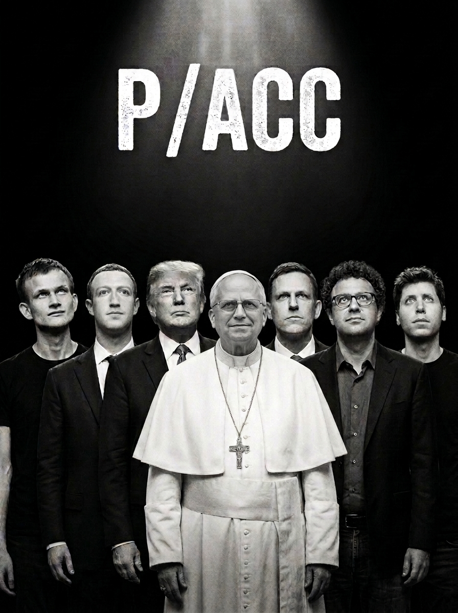 Seven men in dark clothes stand in a shaft of light; a figure in papal white stands at the centre.